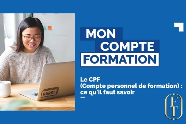 femme souriante devant son ordinateur portable avec le logo Mon compte Formation Compte Personnel de Formation