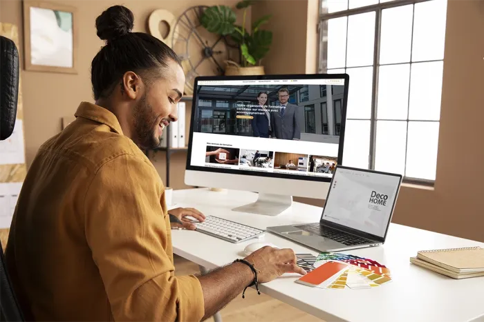 homme devant son bureau entrain de travailler