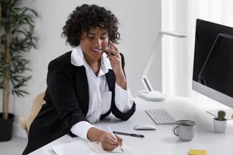 femme d'affaire assise au téléphone gérant l'administration d'une entreprise